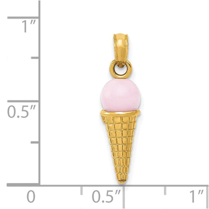 14K Gelbgold Satiniert-Poliert 3D Rosaquarz Eistüten-Charm