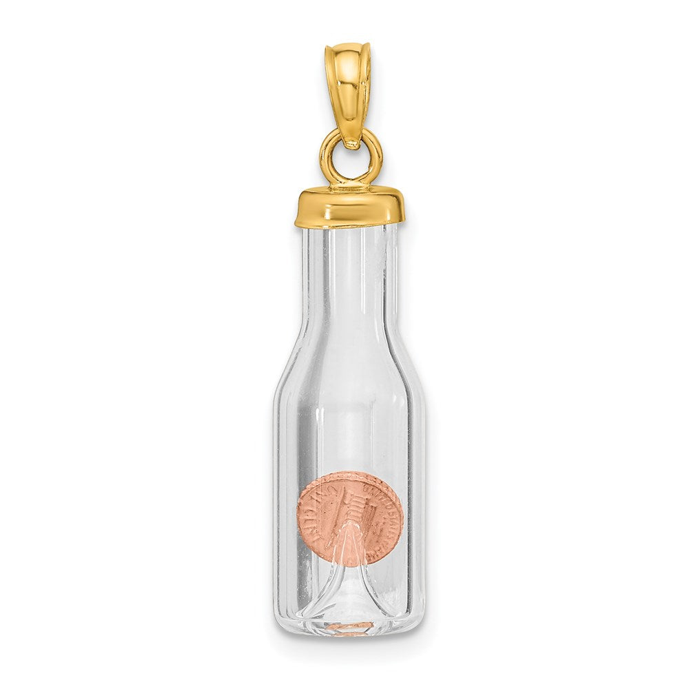 14K Gelbgold 14K 3-d Mini Penny in Glas Bottle Anhänger