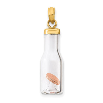 14K Gelbgold 14K 3-d Mini Penny in Glas Bottle Anhänger