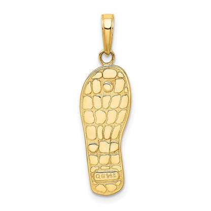 14 Karat Gelb- und Rhodiumgold Rhodium 3D-emaillierte Blumen auf grünem Flip-Flop-Anhänger