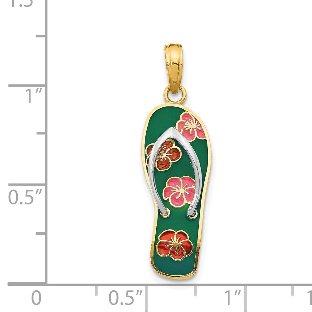 14 Karat Gelb- und Rhodiumgold Rhodium 3D-emaillierte Blumen auf grünem Flip-Flop-Anhänger