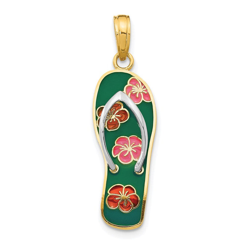 14 Karat Gelb- und Rhodiumgold Rhodium 3D-emaillierte Blumen auf grünem Flip-Flop-Anhänger