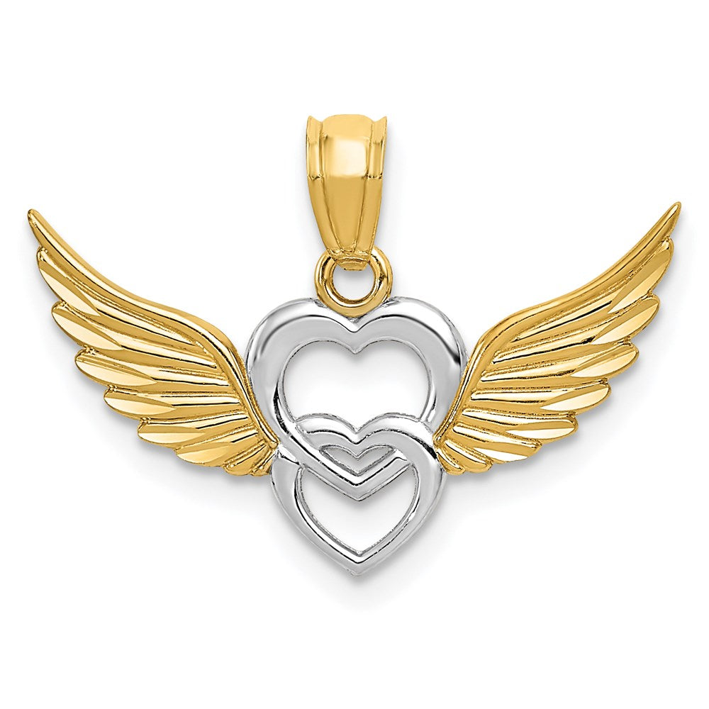 14K Gelb & Rhodium 14K und Weiß Rhodium Poliert Herzen mit Flügel Anhänger