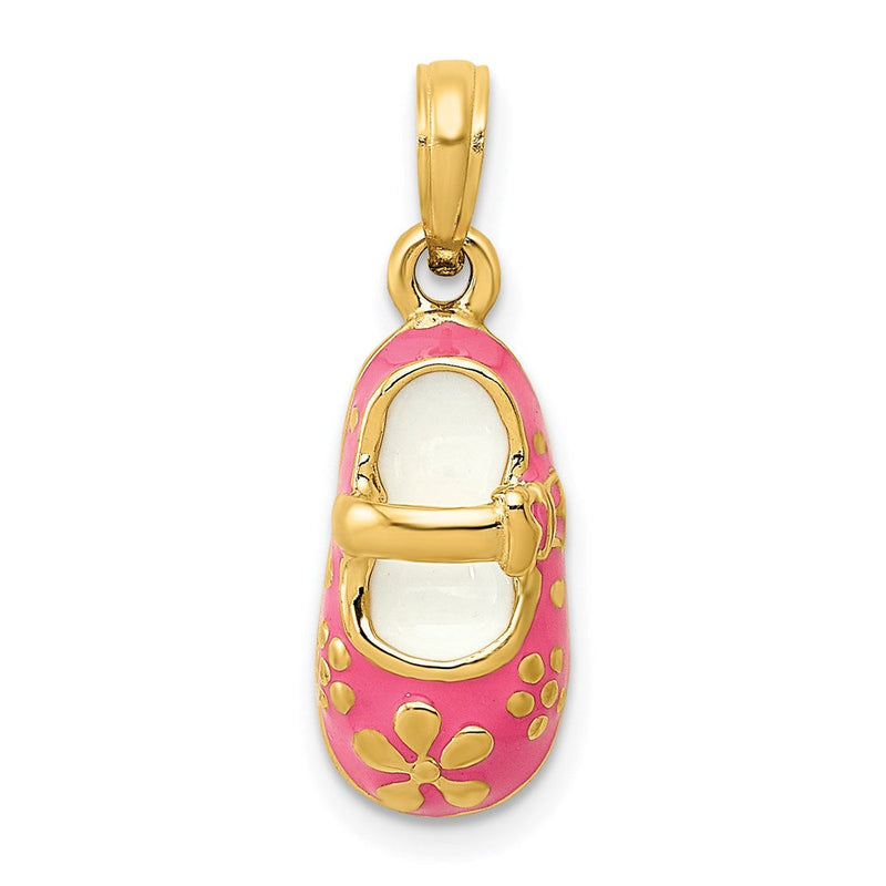 14K Gelbgold 3D-Babyschuh-Anhänger mit rosa Emaille