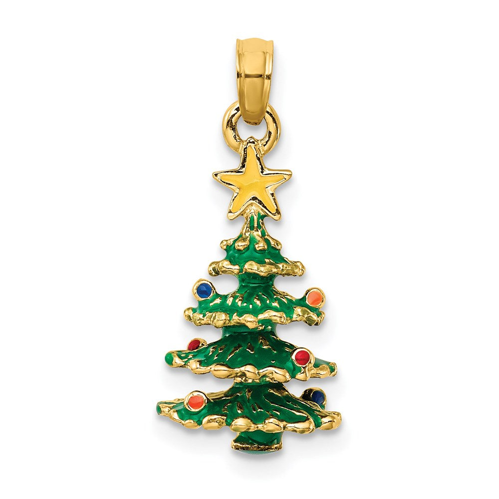 14 Karat Gelbgold 3D-emaillierter Weihnachtsbaum-Anhänger