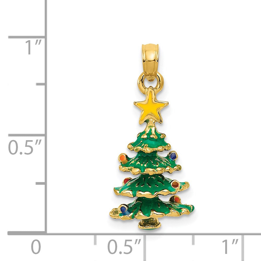 14 Karat Gelbgold 3D-emaillierter Weihnachtsbaum-Anhänger