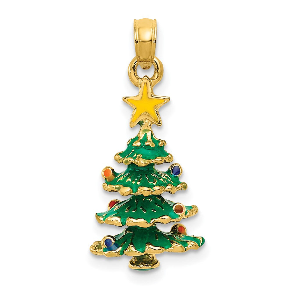 14 Karat Gelbgold 3D-emaillierter Weihnachtsbaum-Anhänger