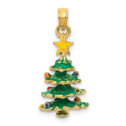 14 Karat Gelbgold 3D-emaillierter Weihnachtsbaum-Anhänger