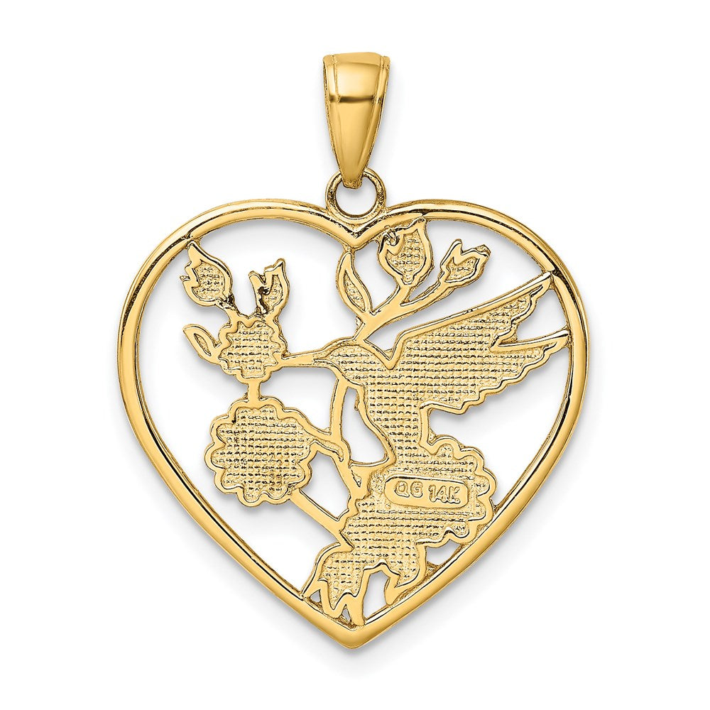 14K Gelbgold Anhänger, emailliert, Kolibri mit Blumen, Herz