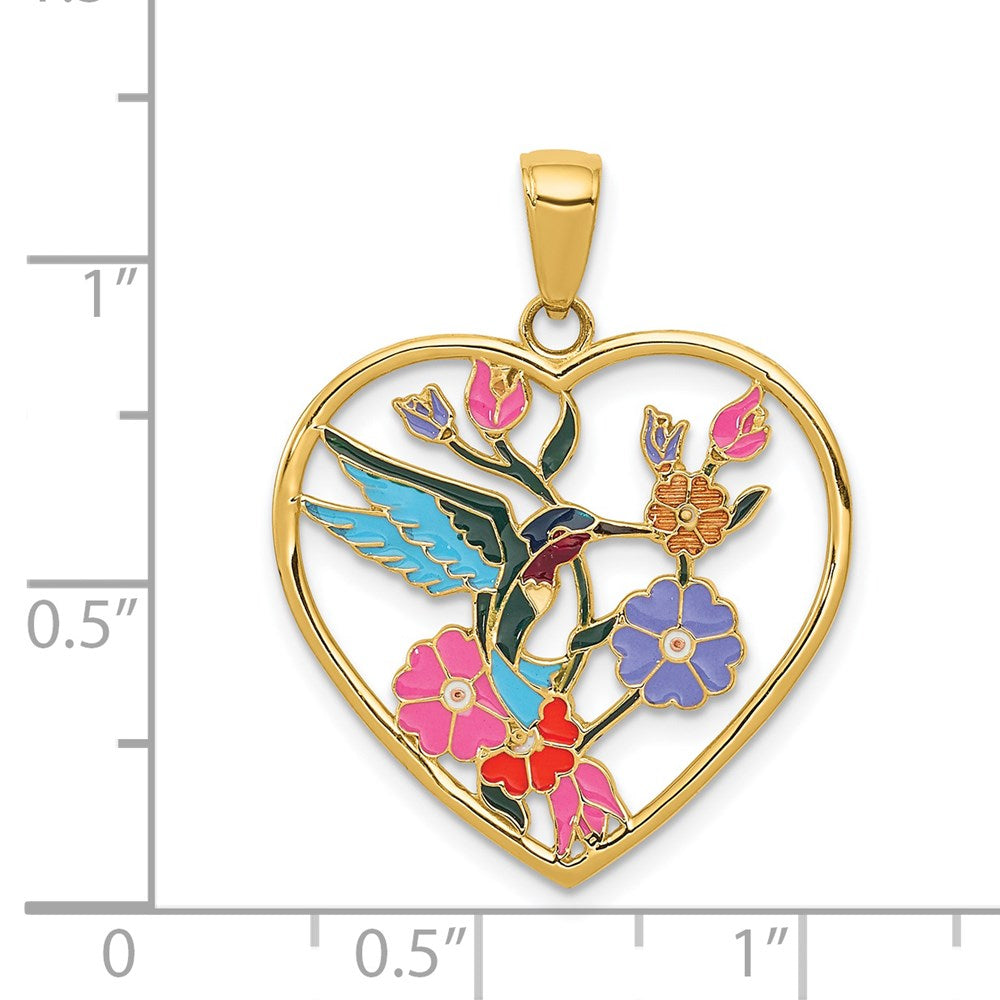 14K Gelbgold Anhänger, emailliert, Kolibri mit Blumen, Herz