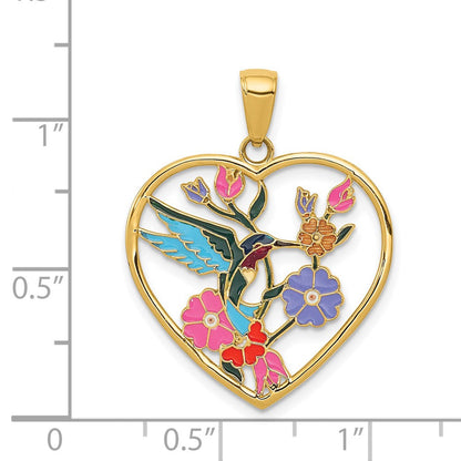 14K Gelbgold Anhänger, emailliert, Kolibri mit Blumen, Herz