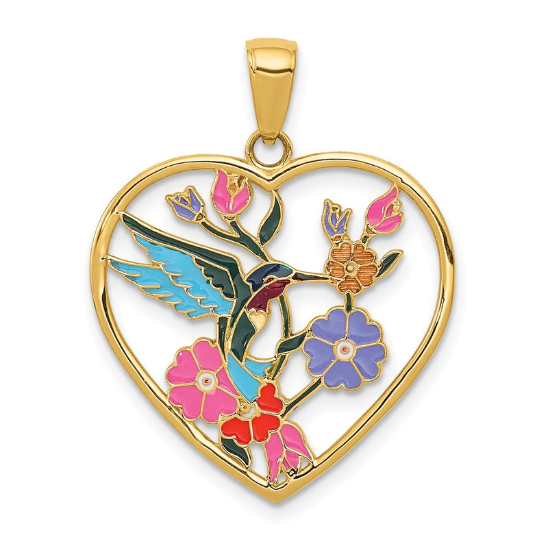 14K Gelbgold Anhänger, emailliert, Kolibri mit Blumen, Herz