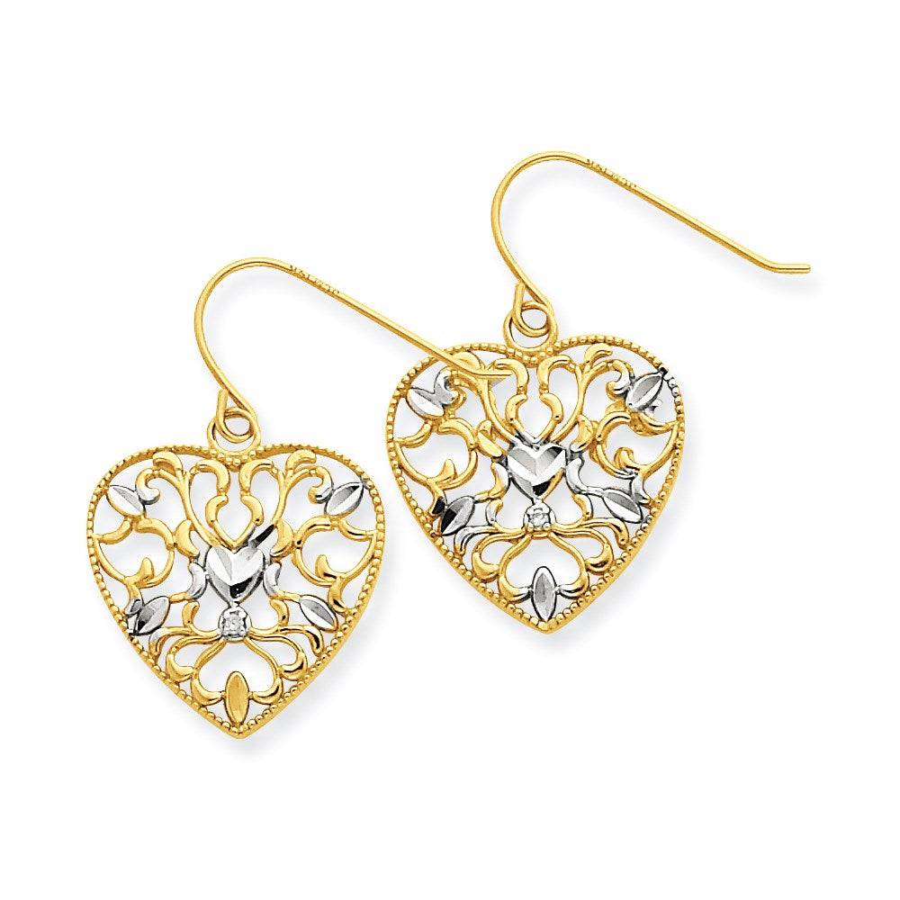 Ohrringe aus 14K Gelbgold und Rhodium mit 0,01 ct. Diamant, filigranes Herz-Draht-Design