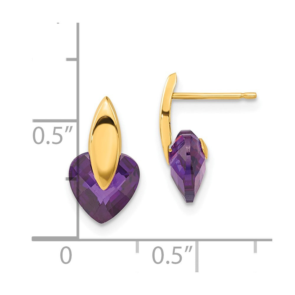14K Gelbgold 14ky Poliert Lila Zirkonia Herz Ohrstecker