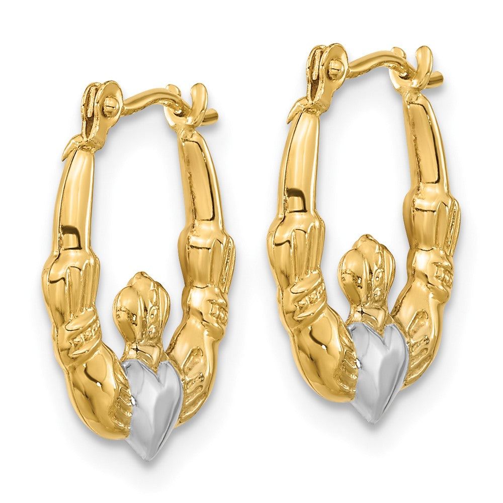 14K Gelb & Rhodium Weiß Poliert Claddagh Creolen