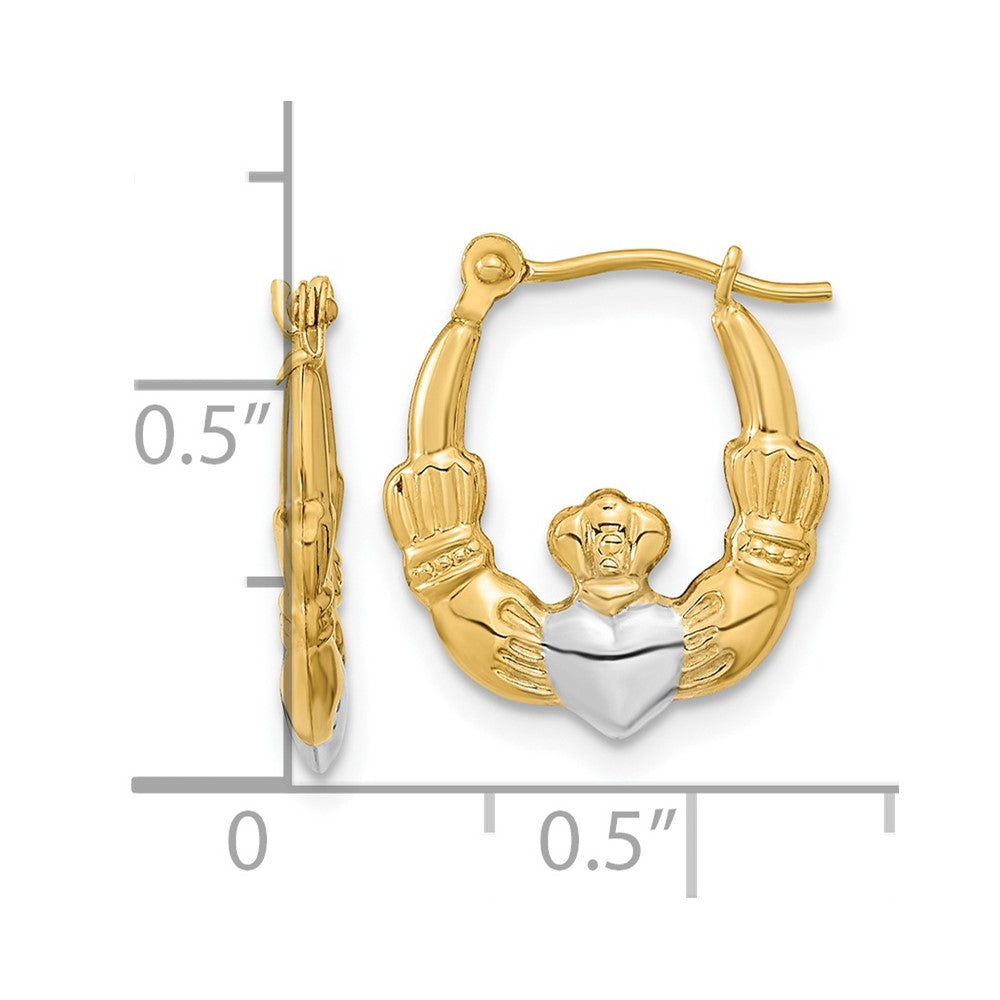 14K Gelb & Rhodium Weiß Poliert Claddagh Creolen