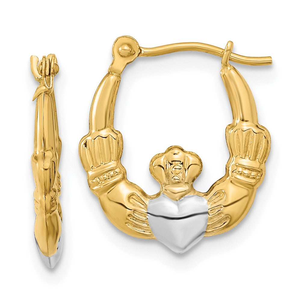 14K Gelb & Rhodium Weiß Poliert Claddagh Creolen