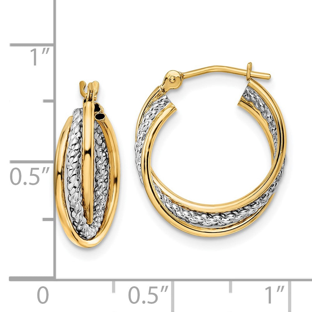 14K Gelb- und Rhodiumgold mit Weißrhodium, polierte, texturierte Creolen