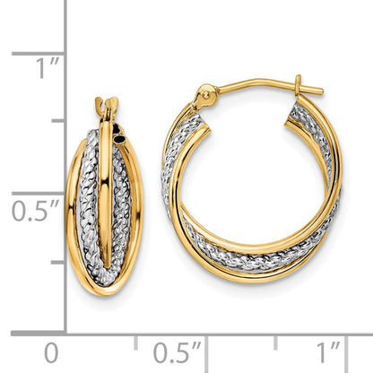 14K Gelb- und Rhodiumgold mit Weißrhodium, polierte, texturierte Creolen
