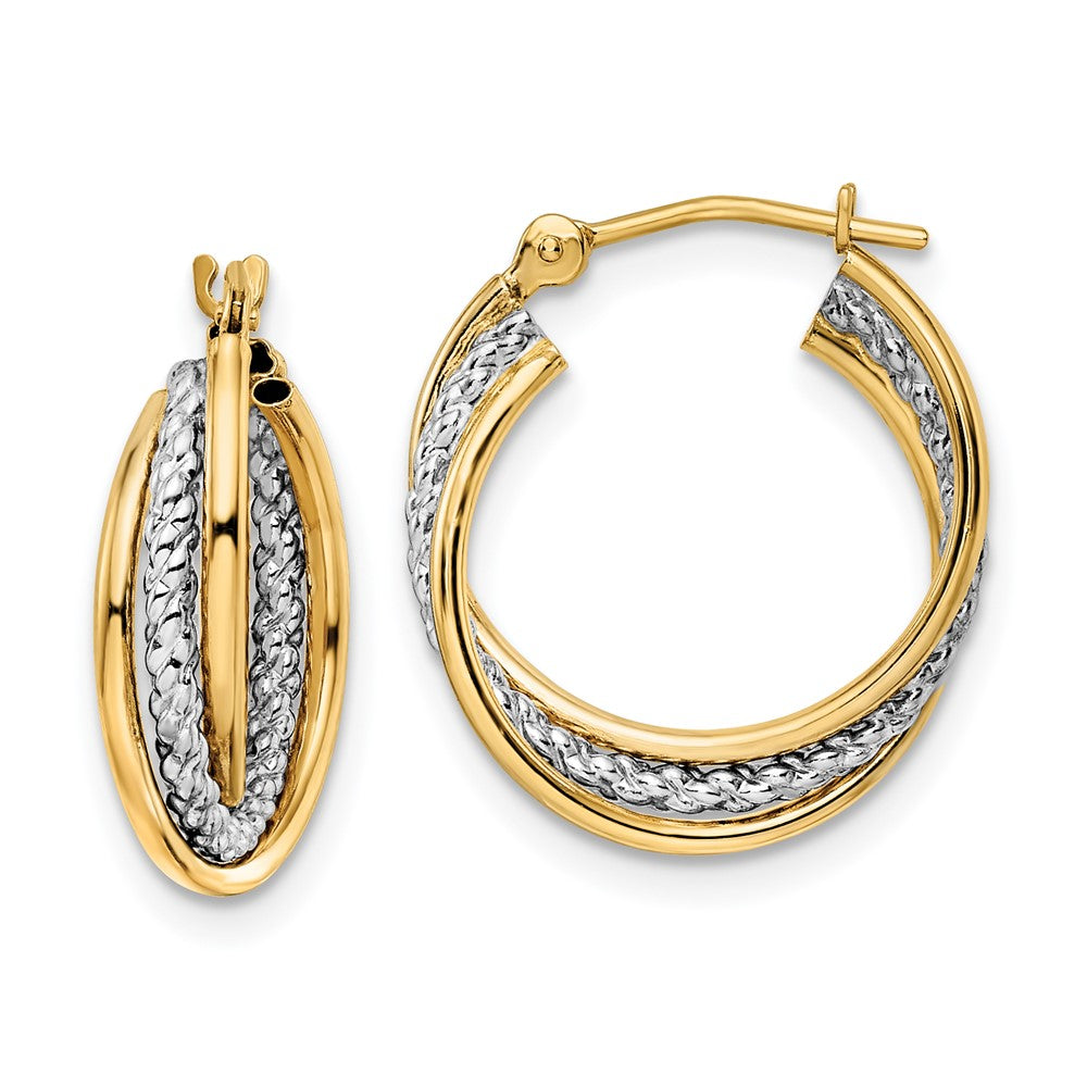 14K Gelb- und Rhodiumgold mit Weißrhodium, polierte, texturierte Creolen
