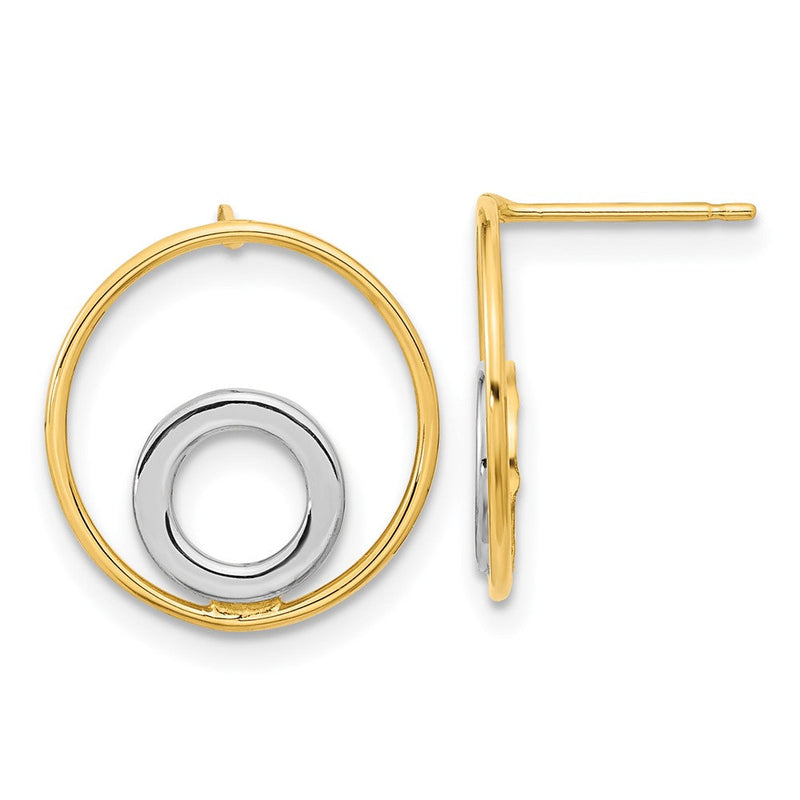 14K Gelbgold Ohrstecker mit Rhodium-Beschichtung, Kreis-in-Kreis-Design, Weiß-Rhodium