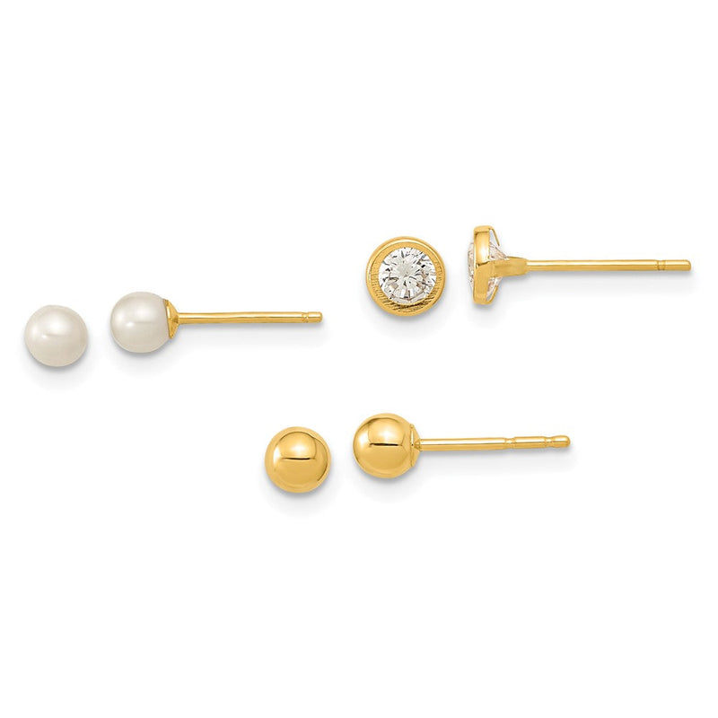 14K Gelbgold Poliert Set Of Kugel Stecker Perle und Zirkonia Zargenfassung 3 Pair Ohrringe