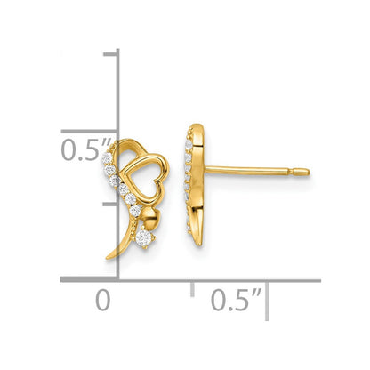 14K Gelbgold Poliert Zirkonia und Herz Ohrstecker