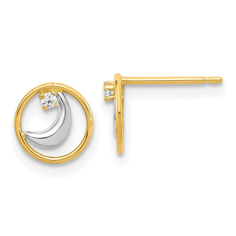 14K Gelb & Rhodium Gold Weiß Offen Kreis Zirkonia Halb Mond Ohrstecker