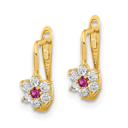 14K Gelbgold Poliert Rot und Weiß Zirkonia Blume Creolen