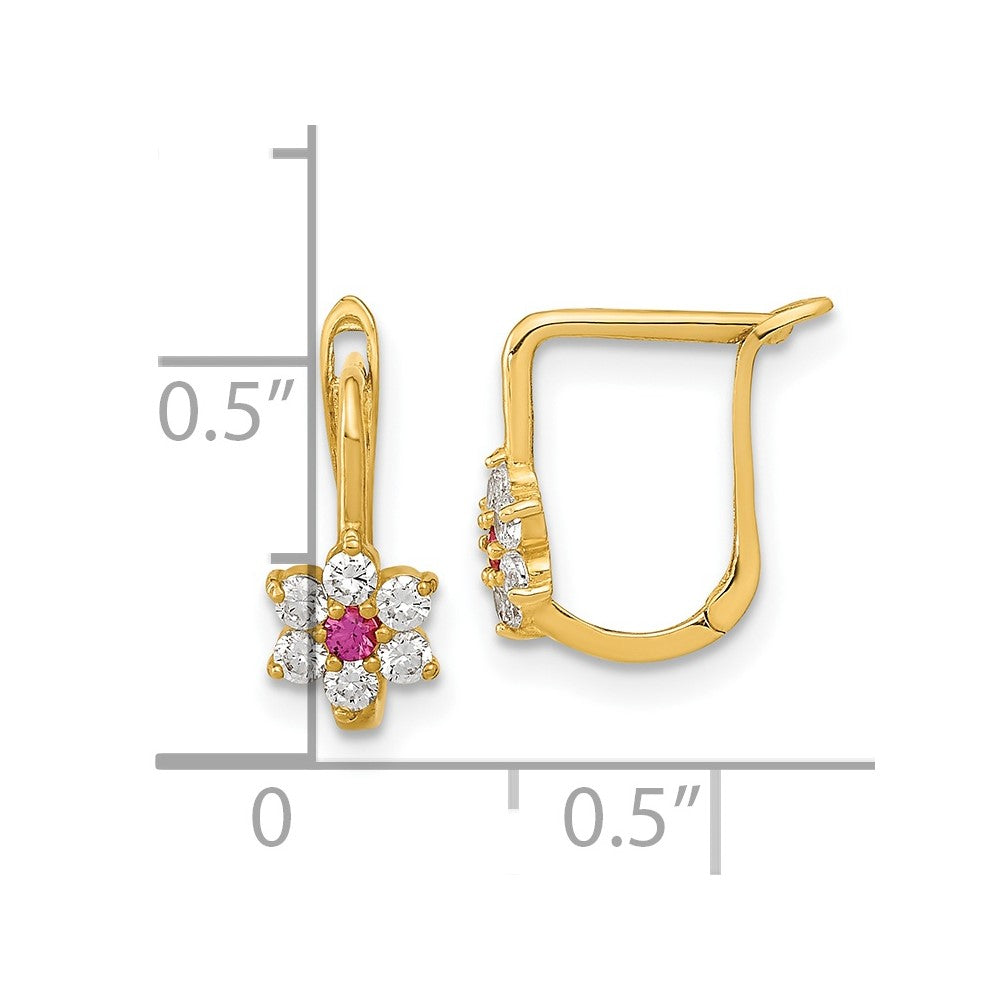 14K Gelbgold Poliert Rot und Weiß Zirkonia Blume Creolen