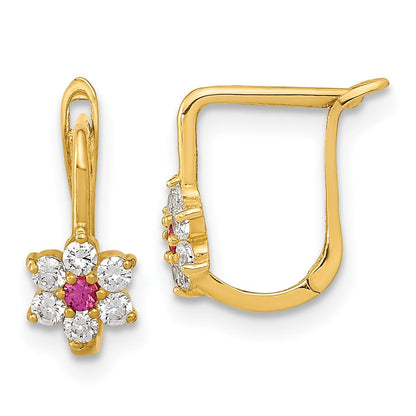 14K Gelbgold Poliert Rot und Weiß Zirkonia Blume Creolen
