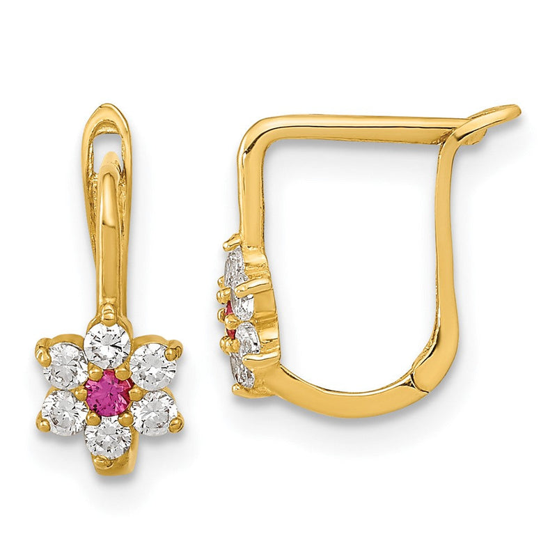 14K Gelbgold Poliert Rot und Weiß Zirkonia Blume Creolen