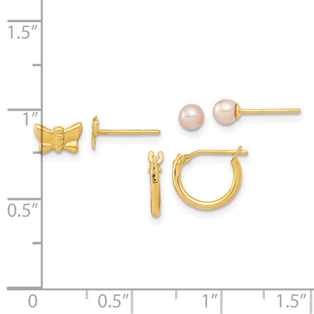 14K Gelbgold Schmetterling Fw Zuchtperle und Creole 3 Pair Ohrringe Set
