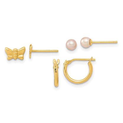 14K Gelbgold Schmetterling Fw Zuchtperle und Creole 3 Pair Ohrringe Set
