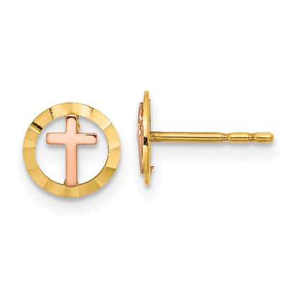14K Bicolor Kreis mit Kreuz Ohrstecker