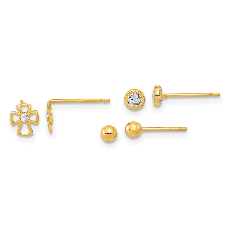 14K Gelbgold Poliert Set Of Kugel Stecker Kreuz und Zirkonia Zargenfassung 3 Pair Ohrringe