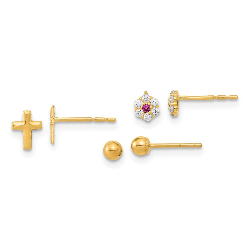 14K Gelbgold Poliert Set Of Kugel Stecker Zirkonia Blumen und Kreuz 3 Pair Ohrringe