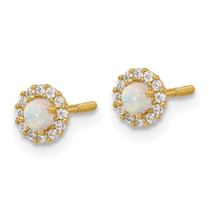 14K Gelbgold Poliert Zirkonia und Erzeugt Opal Kreis Schraubverschluss Ohrstecker
