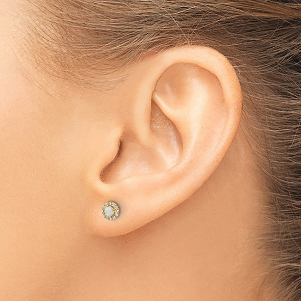 14K Gelbgold Poliert Zirkonia und Erzeugt Opal Kreis Schraubverschluss Ohrstecker
