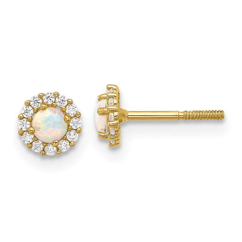 14K Gelbgold Poliert Zirkonia und Erzeugt Opal Kreis Schraubverschluss Ohrstecker
