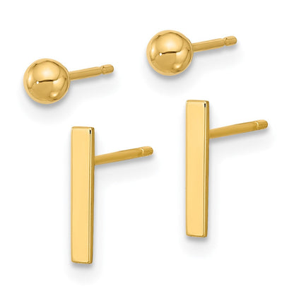 14K Gelbgold Poliert 3mm Kugel und Stab Ohrring Set