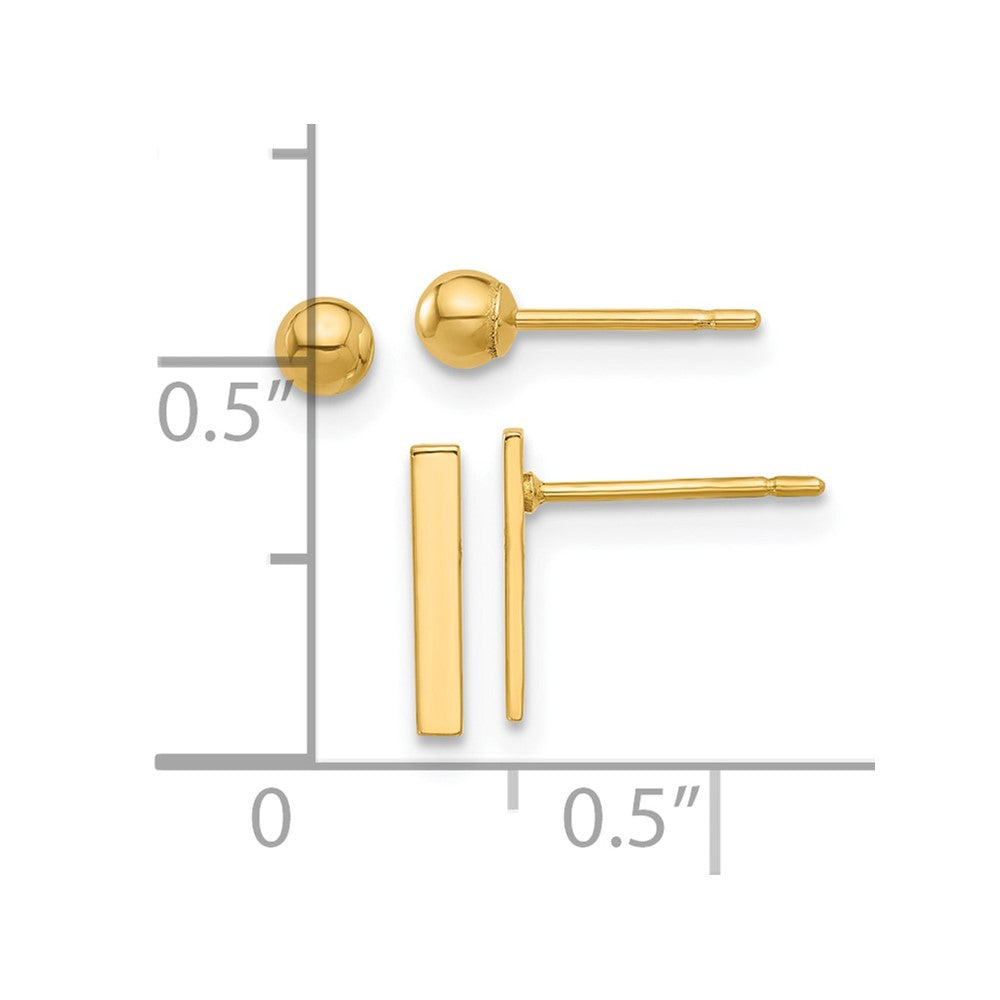 14K Gelbgold Poliert 3mm Kugel und Stab Ohrring Set