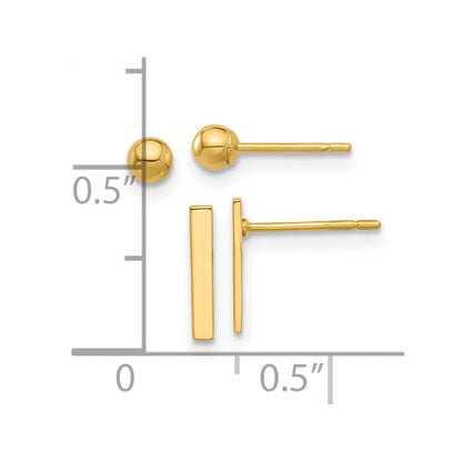 14K Gelbgold Poliert 3mm Kugel und Stab Ohrring Set