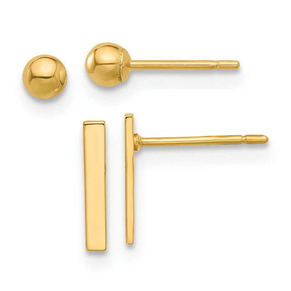 14K Gelbgold Poliert 3mm Kugel und Stab Ohrring Set