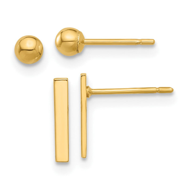 14K Gelbgold Poliert 3mm Kugel und Stab Ohrring Set