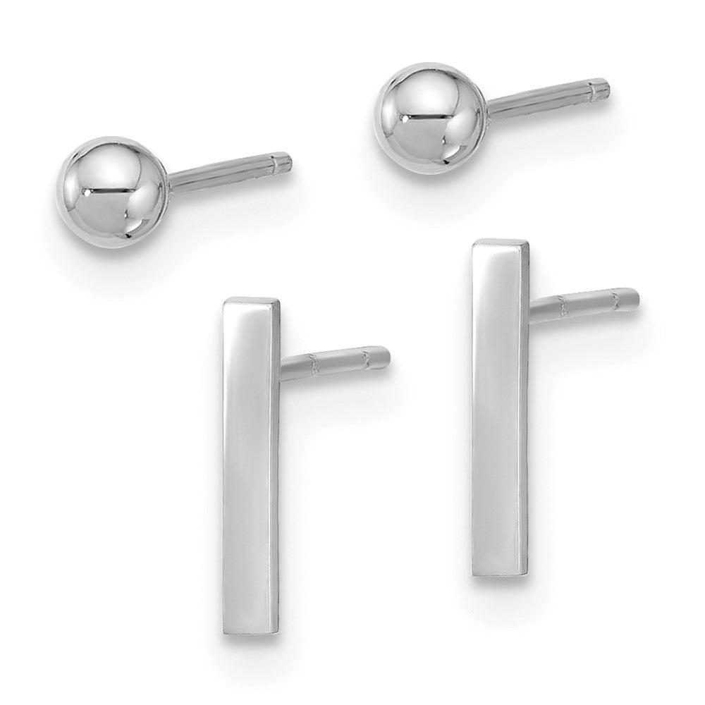 14K Weißgold Poliert 3mm Kugel und Stab Ohrring Set