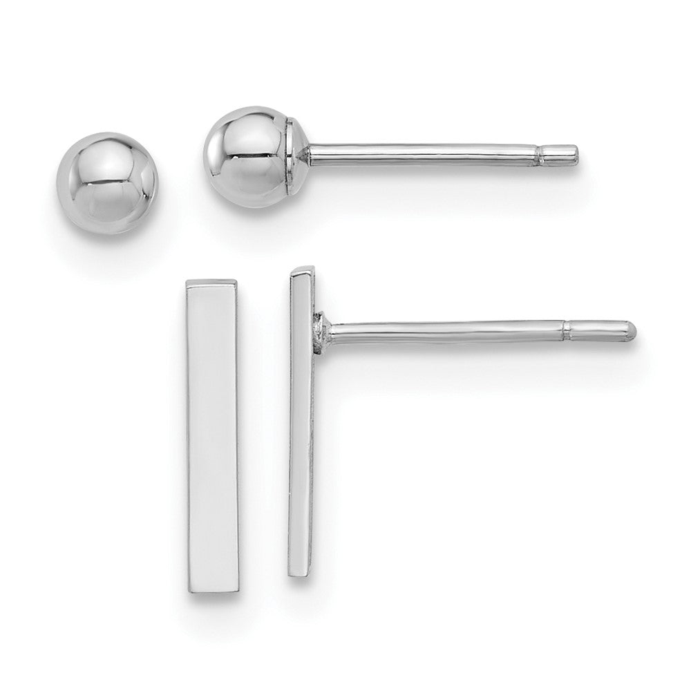 14K Weißgold Poliert 3mm Kugel und Stab Ohrring Set