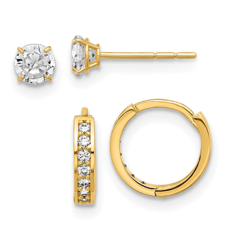 14K Gelbgold Poliert Zirkonia Stecker und Klappbar Creole Ohrring Set