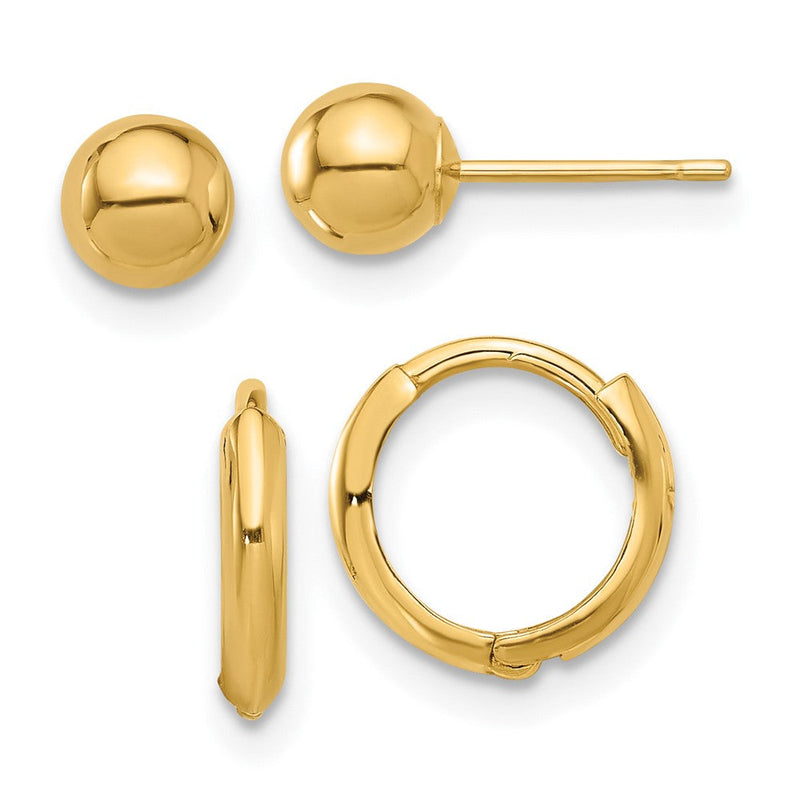 14K Gelbgold Poliert 5mm Kugel und Klappbar Creole Ohrring Set