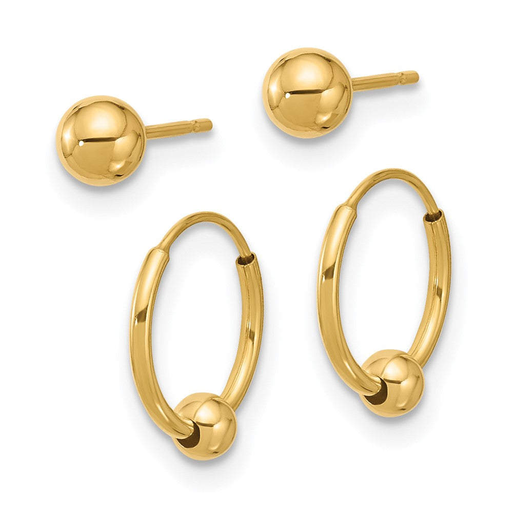 14K Gelbgold Poliert Kugel und Creole Ohrring Set